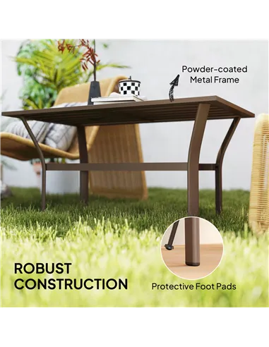 Outsunny Metal Garden Coffee Table, Rectangular Outdoor Side Table with Slatted Tabletop, Foot Pads for Outside, Garden, Balcony