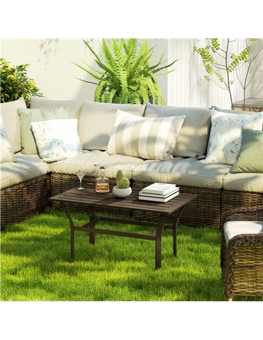 Outsunny Metal Garden Coffee Table, Rectangular Outdoor Side Table with Slatted Tabletop, Foot Pads for Outside, Garden, Balcony