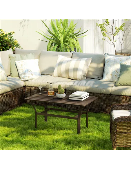 Outsunny Metal Garden Coffee Table, Rectangular Outdoor Side Table with Slatted Tabletop, Foot Pads for Outside, Garden, Balcony