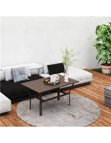 Outsunny Metal Garden Coffee Table, Rectangular Outdoor Side Table with Slatted Tabletop, Foot Pads for Outside, Garden, Balcony