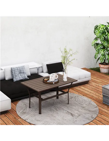 Outsunny Metal Garden Coffee Table, Rectangular Outdoor Side Table with Slatted Tabletop, Foot Pads for Outside, Garden, Balcony