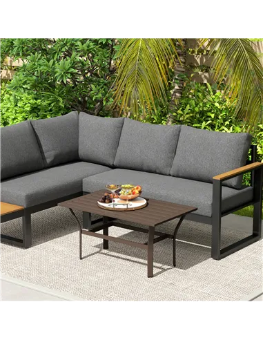 Outsunny Metal Garden Coffee Table, Rectangular Outdoor Side Table with Slatted Tabletop, Foot Pads for Outside, Garden, Balcony