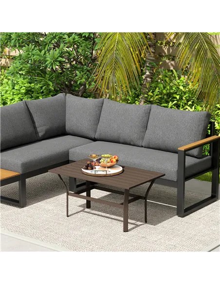 Outsunny Metal Garden Coffee Table, Rectangular Outdoor Side Table with Slatted Tabletop, Foot Pads for Outside, Garden, Balcony