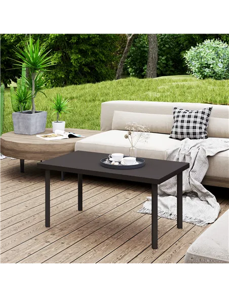 Outsunny Metal Garden Coffee Table, Rectangular Outdoor Side Table with Woodgrain Tabletop, Foot Pads for Outside, Garden, Balco