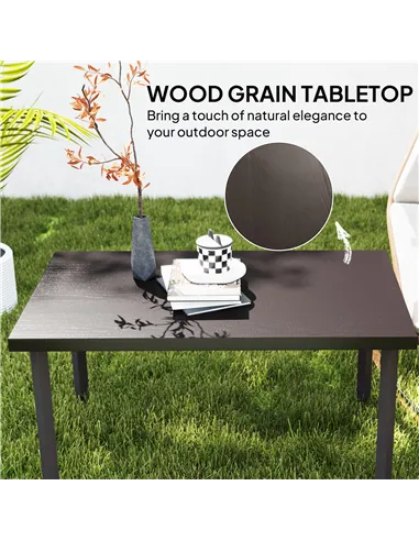 Outsunny Metal Garden Coffee Table, Rectangular Outdoor Side Table with Woodgrain Tabletop, Foot Pads for Outside, Garden, Balco