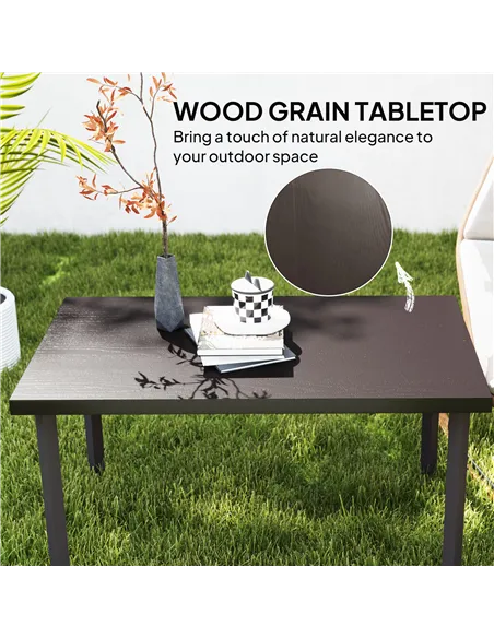 Outsunny Metal Garden Coffee Table, Rectangular Outdoor Side Table with Woodgrain Tabletop, Foot Pads for Outside, Garden, Balco