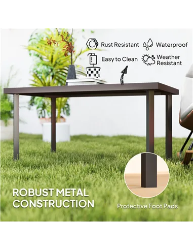 Outsunny Metal Garden Coffee Table, Rectangular Outdoor Side Table with Woodgrain Tabletop, Foot Pads for Outside, Garden, Balco