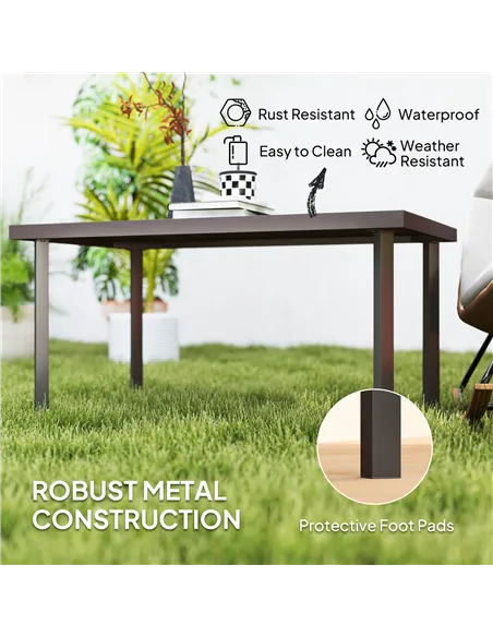 Outsunny Metal Garden Coffee Table, Rectangular Outdoor Side Table with Woodgrain Tabletop, Foot Pads for Outside, Garden, Balco