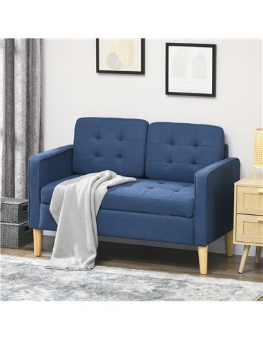 HOMCOM Modern Loveseat Sofa, Compact 2 Seater Sofa with Hidden Storage, 117cm Tufted Cotton Couch with Wood Legs, Blue