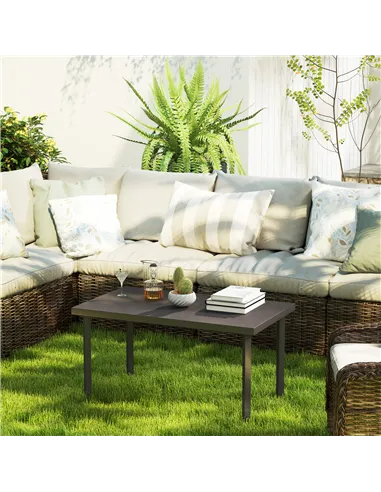 Outsunny Metal Garden Coffee Table, Rectangular Outdoor Side Table with Woodgrain Tabletop, Foot Pads for Outside, Garden, Balco