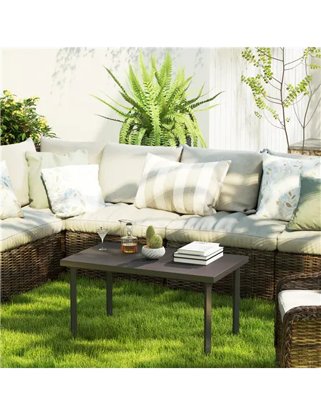 Outsunny Metal Garden Coffee Table, Rectangular Outdoor Side Table with Woodgrain Tabletop, Foot Pads for Outside, Garden, Balco