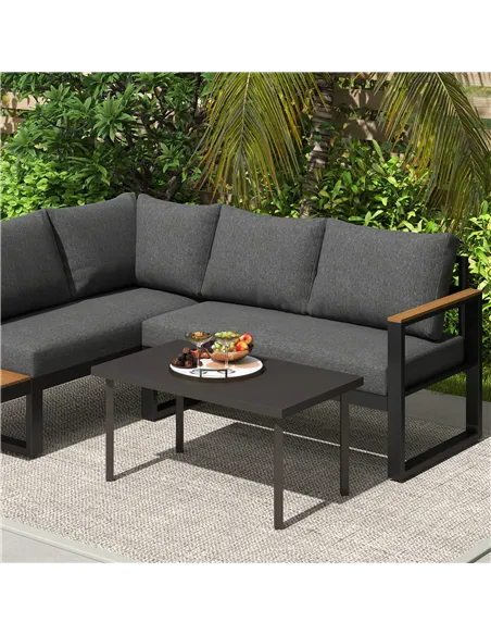 Outsunny Metal Garden Coffee Table, Rectangular Outdoor Side Table with Woodgrain Tabletop, Foot Pads for Outside, Garden, Balco