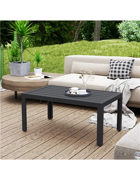 Outsunny Outdoor Side Table, Rectangular Patio Coffee Side Table with Steel Frame and Slat Tabletop for Garden, Balcony, Grey