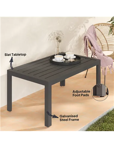 Outsunny Outdoor Side Table, Rectangular Patio Coffee Side Table with Steel Frame and Slat Tabletop for Garden, Balcony, Grey