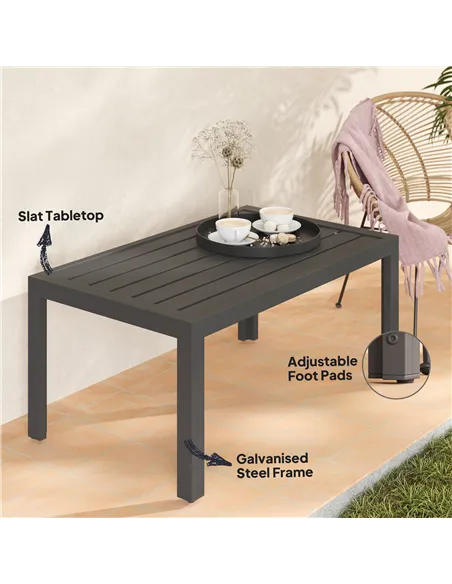 Outsunny Outdoor Side Table, Rectangular Patio Coffee Side Table with Steel Frame and Slat Tabletop for Garden, Balcony, Grey