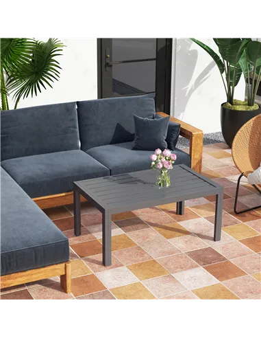 Outsunny Outdoor Side Table, Rectangular Patio Coffee Side Table with Steel Frame and Slat Tabletop for Garden, Balcony, Grey