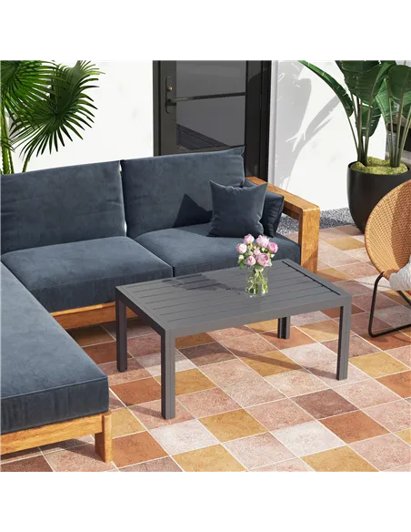 Outsunny Outdoor Side Table, Rectangular Patio Coffee Side Table with Steel Frame and Slat Tabletop for Garden, Balcony, Grey