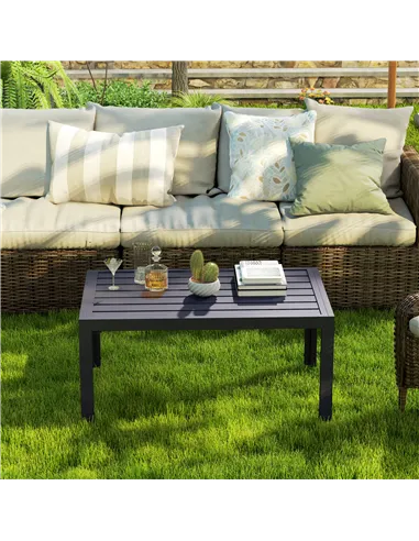 Outsunny Outdoor Side Table, Rectangular Patio Coffee Side Table with Steel Frame and Slat Tabletop for Garden, Balcony, Grey