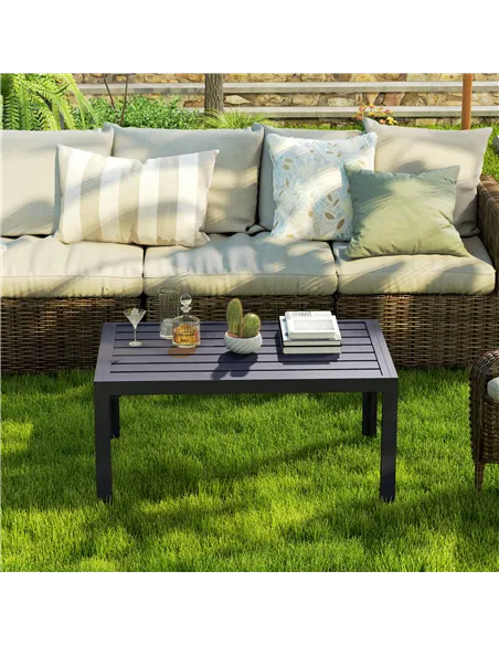 Outsunny Outdoor Side Table, Rectangular Patio Coffee Side Table with Steel Frame and Slat Tabletop for Garden, Balcony, Grey