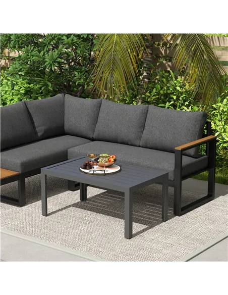 Outsunny Outdoor Side Table, Rectangular Patio Coffee Side Table with Steel Frame and Slat Tabletop for Garden, Balcony, Grey