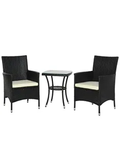Outsunny 3 Pieces Rattan Bistro Set, Wicker Garden Furniture Set with 2-Tier Coffee Table and Chairs, Cushions, for Outdoor Pati