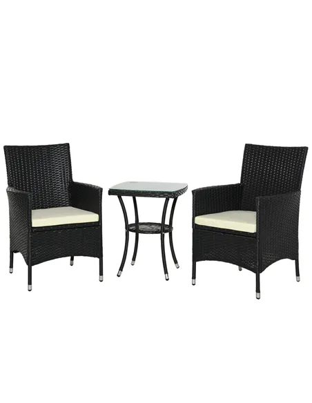 Outsunny 3 Pieces Rattan Bistro Set, Wicker Garden Furniture Set with 2-Tier Coffee Table and Chairs, Cushions, for Outdoor Pati
