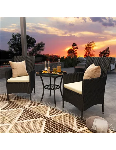 Outsunny 3 Pieces Rattan Bistro Set, Wicker Garden Furniture Set with 2-Tier Coffee Table and Chairs, Cushions, for Outdoor Pati