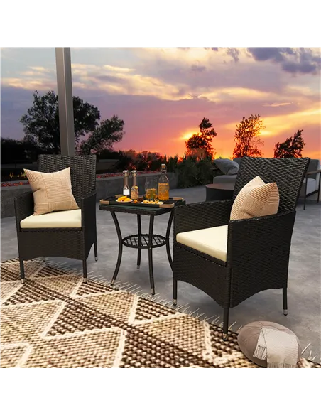 Outsunny 3 Pieces Rattan Bistro Set, Wicker Garden Furniture Set with 2-Tier Coffee Table and Chairs, Cushions, for Outdoor Pati