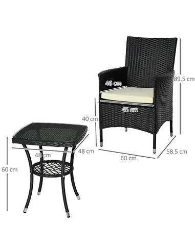 Outsunny 3 Pieces Rattan Bistro Set, Wicker Garden Furniture Set with 2-Tier Coffee Table and Chairs, Cushions, for Outdoor Pati