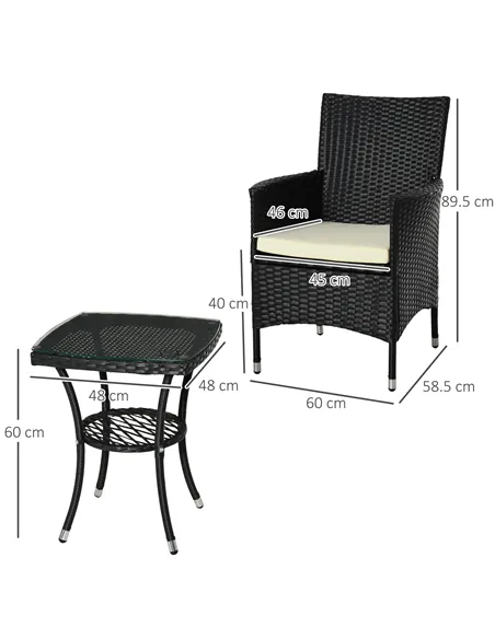 Outsunny 3 Pieces Rattan Bistro Set, Wicker Garden Furniture Set with 2-Tier Coffee Table and Chairs, Cushions, for Outdoor Pati