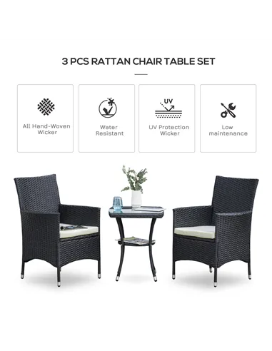Outsunny 3 Pieces Rattan Bistro Set, Wicker Garden Furniture Set with 2-Tier Coffee Table and Chairs, Cushions, for Outdoor Pati
