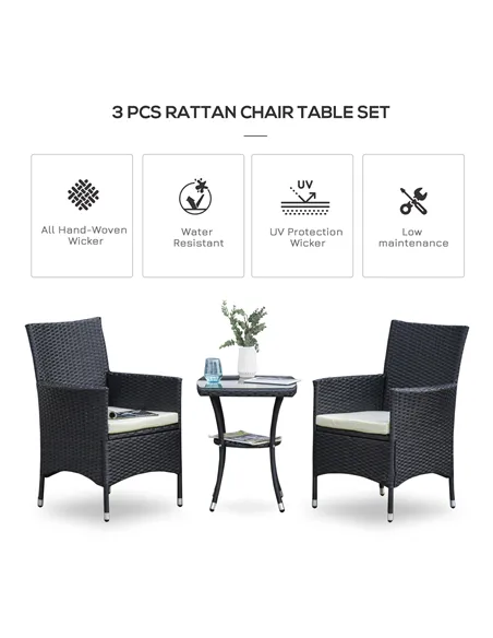 Outsunny 3 Pieces Rattan Bistro Set, Wicker Garden Furniture Set with 2-Tier Coffee Table and Chairs, Cushions, for Outdoor Pati
