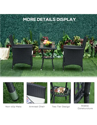 Outsunny 3 Pieces Rattan Bistro Set, Wicker Garden Furniture Set with 2-Tier Coffee Table and Chairs, Cushions, for Outdoor Pati