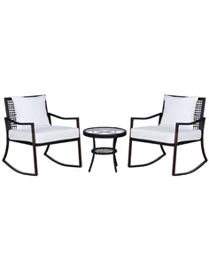 Outsunny Rattan Bistro Set, 3 Pieces Wicker Garden Furniture Set with Rocking Chairs and Round Glass Top Coffee Table, Small Bal