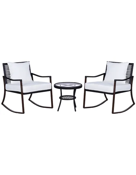 Outsunny Rattan Bistro Set, 3 Pieces Wicker Garden Furniture Set with Rocking Chairs and Round Glass Top Coffee Table, Small Bal