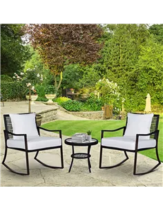 Outsunny Rattan Bistro Set, 3 Pieces Wicker Garden Furniture Set with Rocking Chairs and Round Glass Top Coffee Table, Small Bal 2