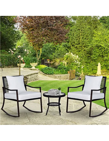 Outsunny Rattan Bistro Set, 3 Pieces Wicker Garden Furniture Set with Rocking Chairs and Round Glass Top Coffee Table, Small Bal