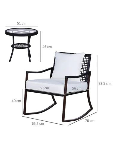 Outsunny Rattan Bistro Set, 3 Pieces Wicker Garden Furniture Set with Rocking Chairs and Round Glass Top Coffee Table, Small Bal