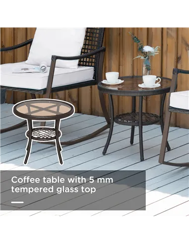 Outsunny Rattan Bistro Set, 3 Pieces Wicker Garden Furniture Set with Rocking Chairs and Round Glass Top Coffee Table, Small Bal