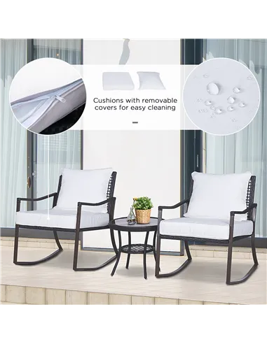 Outsunny Rattan Bistro Set, 3 Pieces Wicker Garden Furniture Set with Rocking Chairs and Round Glass Top Coffee Table, Small Bal