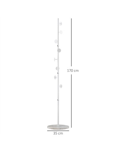 HOMCOM Coat Rack Free Standing Hall Tree with 8 Round Disc Hooks for Clothes, Hats,Purses, Steel Entryway Coat Stand with Marble