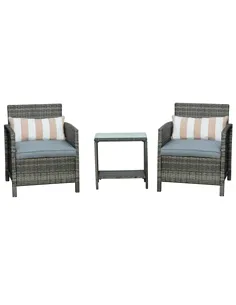 Outsunny 3 Pieces Rattan Bistro Set, Wicker Garden Furniture Set, Glass Top 2-tier Coffee Table and Chairs Set with Pillows and 