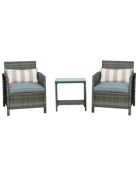 Outsunny 3 Pieces Rattan Bistro Set, Wicker Garden Furniture Set, Glass Top 2-tier Coffee Table and Chairs Set with Pillows and 
