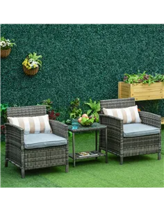 Outsunny 3 Pieces Rattan Bistro Set, Wicker Garden Furniture Set, Glass Top 2-tier Coffee Table and Chairs Set with Pillows and  2