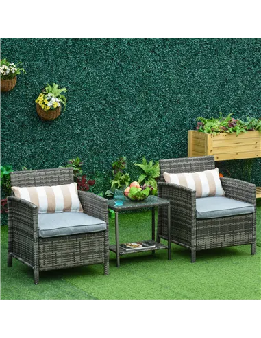 Outsunny 3 Pieces Rattan Bistro Set, Wicker Garden Furniture Set, Glass Top 2-tier Coffee Table and Chairs Set with Pillows and 