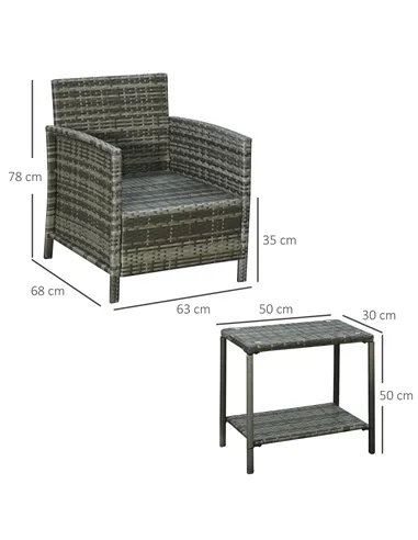 Outsunny 3 Pieces Rattan Bistro Set, Wicker Garden Furniture Set, Glass Top 2-tier Coffee Table and Chairs Set with Pillows and 