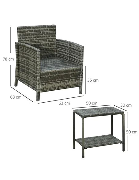 Outsunny 3 Pieces Rattan Bistro Set, Wicker Garden Furniture Set, Glass Top 2-tier Coffee Table and Chairs Set with Pillows and 