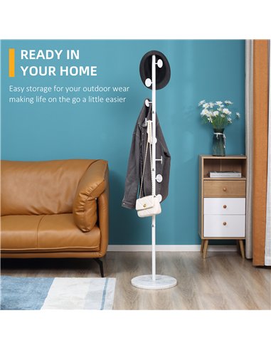 HOMCOM Coat Rack Free Standing Hall Tree with 8 Round Disc Hooks for Clothes, Hats,Purses, Steel Entryway Coat Stand with Marble