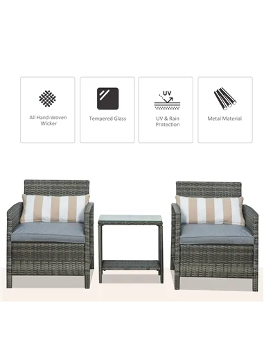 Outsunny 3 Pieces Rattan Bistro Set, Wicker Garden Furniture Set, Glass Top 2-tier Coffee Table and Chairs Set with Pillows and 