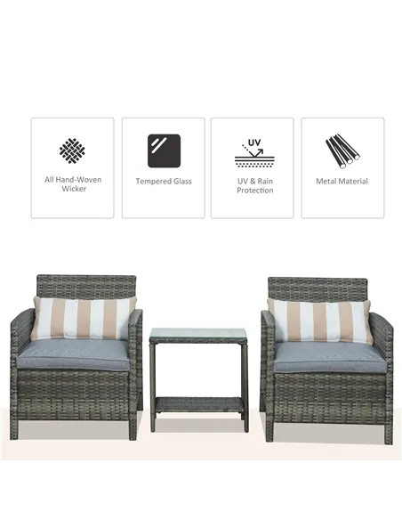 Outsunny 3 Pieces Rattan Bistro Set, Wicker Garden Furniture Set, Glass Top 2-tier Coffee Table and Chairs Set with Pillows and 
